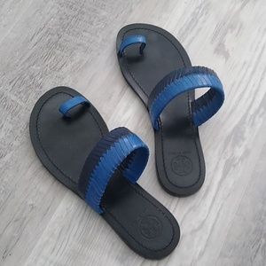 Tory Burch Bicolor Woven Toe Ring Blue Sandals